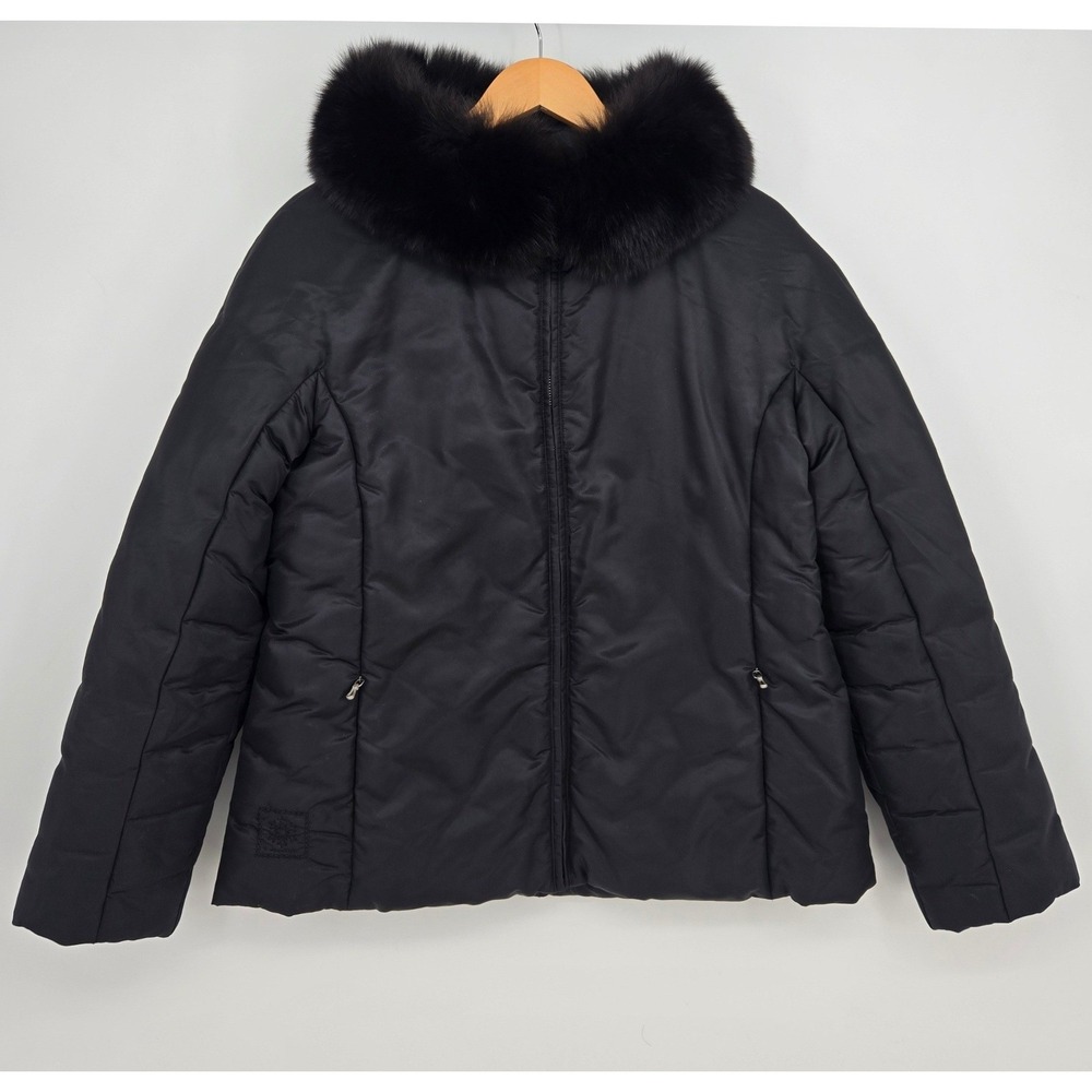 1 Madison Fox Fur Collar Black Hooded Down Puffer Jacket Parka Womens L Luxury